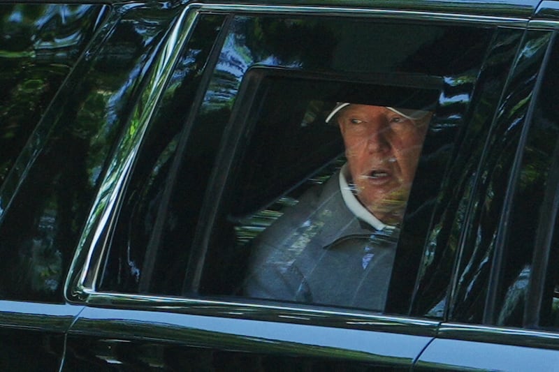 President Donald Trump appeared dazed as he looked out of the window while departing the White House for Trump National Golf Club in Sterling, Virginia, in Washington, D.C., U.S., May 30, 2026.