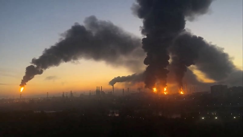 Smoke columns rise after strikes in an oil refinery in Moscow, Russia, September 20, 2026, in this screengrab from a video obtained from social media. Social Media/via REUTERS  THIS IMAGE HAS BEEN SUPPLIED BY A THIRD PARTY. MANDATORY CREDIT. NO RESALES. NO ARCHIVES.  Verification: Reuters verified the location from road layout, buildings and utility poles that matched archive and satellite imagery. Coordinates of the refinery: 55.65466777224526, 37.80603531308355. The date of the video was verified from official reports of strikes on the oil refinery and Reuters reporting in the area. No older versions of the video were found online before September 20.