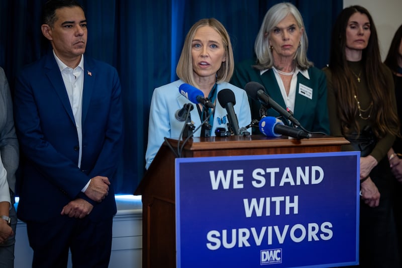WASHINGTON, DC - FEBRUARY 24: Maria Farmer speaks at a press conference with survivors of Jeffrey Epstein and Democratic lawmakers ahead of President Trump's State of the Union, in Washington, DC on February 24, 2026. (Photo by Nathan Posner/Anadolu via Getty Images)