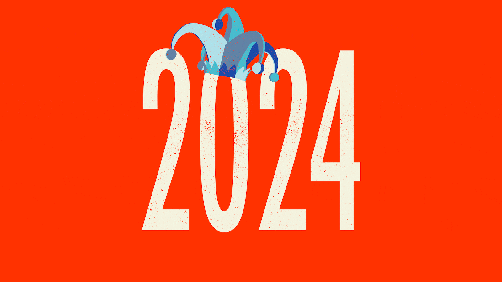 Illustrative gif of "2024" wearing a jester hat, condensing and expanding in width