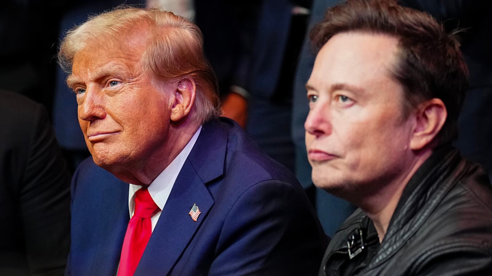 NEW YORK, NEW YORK - NOVEMBER 16: Dana White, President-elect Donald Trump and Elon Musk look on ring side during the UFC 309 event at Madison Square Garden on November 16, 2024 in New York City. (Photo by Chris Unger/Zuffa LLC)