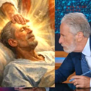 The Daily Show, Jon Stewart looking at a lookalike figure in Trump's Truth Social post.