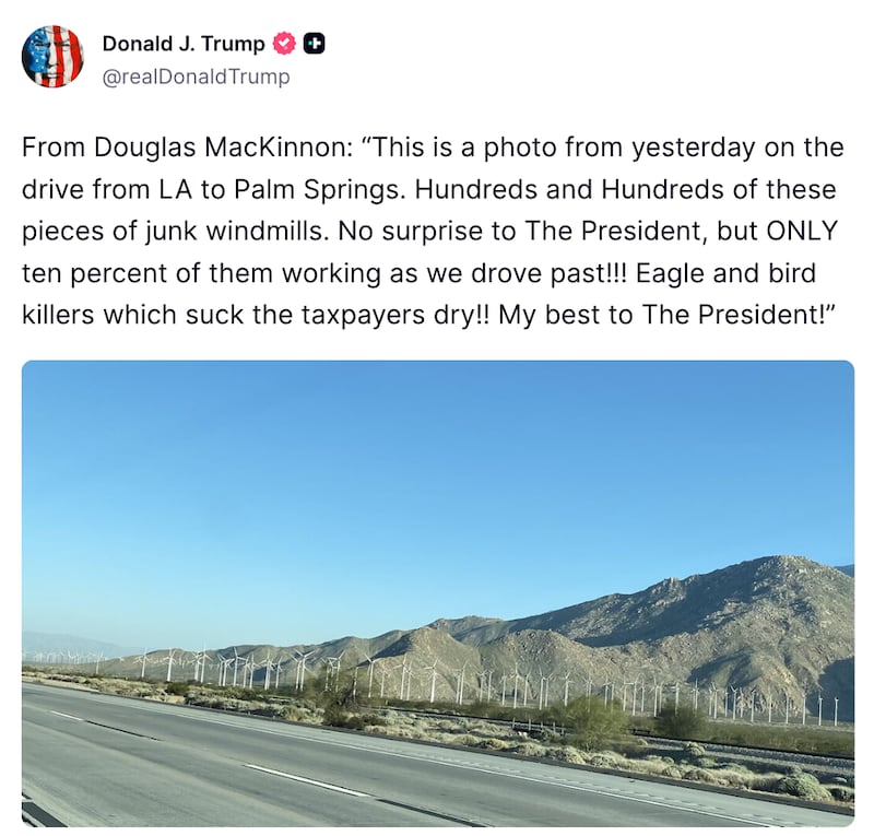 Donald Trump Truth Social post about windmills