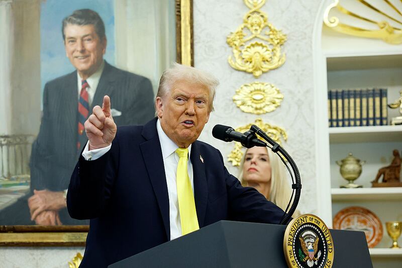 President Donald Trump speaks during a press conference in the Oval Office of the White House on October 15, 2025 in Washington, DC.