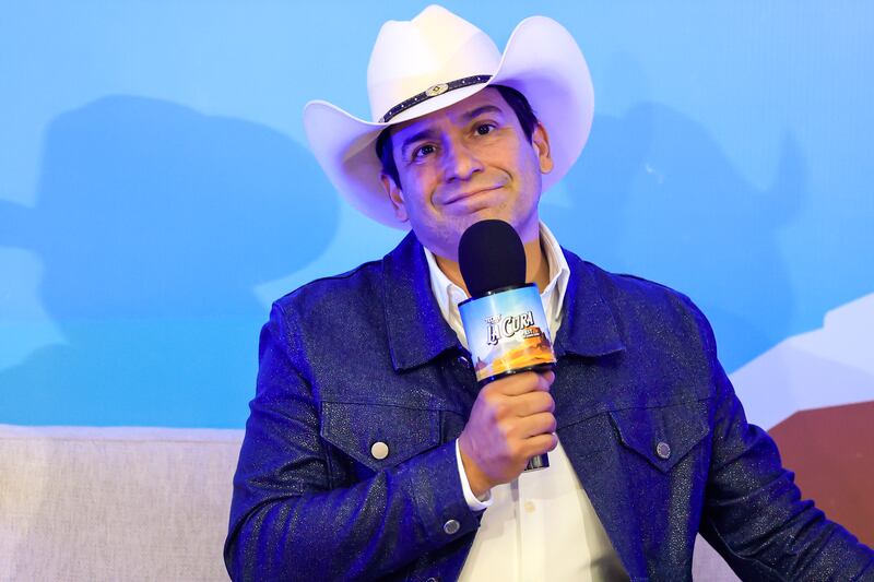 Bobby Pulido, singer and candidate for the 15th district of Congress in Texas,  speaks at a press conference during La Cura Fest by Carin Leon at EXPOGAN on March 15, 2026 in Hermosillo, Mexico.