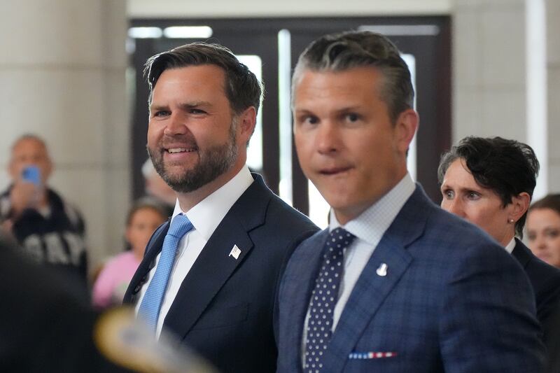 Vice President JD Vance (L) and U.S. Defense Secretary Pete Hegseth depart Union Station after meeting with federal law enforcement officers on August 20, 2025 in Washington, DC.