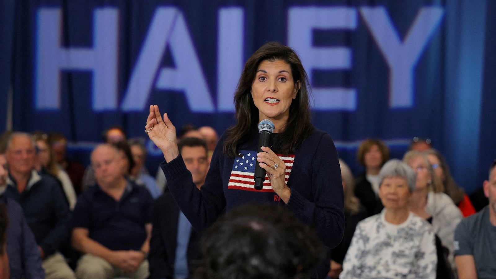 Republican presidential candidate and former U.S. Ambassador to the United Nations Nikki Haley speaks during a campaign town hall meeting in Bedford, New Hampshire, U.S., April 26, 2023.