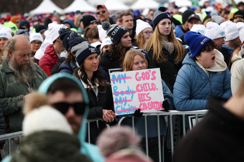 WASHINGTON, DC - JANUARY 23: Attendees listen as U.S. Vice President JD Vance delivers remarks during the annual March for Life rally on the National Mall on January 23, 2026 in Washington, DC. Anti-abortion activists attended the annual march to mark the anniversary of the Supreme Court's, now overturned, 1973 Roe v. Wade ruling which legalized abortion in all 50 states. (Photo by Kevin Dietsch/Getty Images)