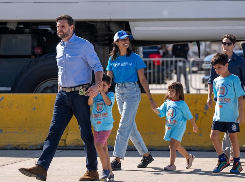 Usha Vance with a hat on.