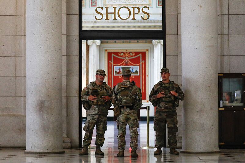 WASHINGTON, UNITED STATES - AUGUST 24 : Members of the National Guard are seen at Union Station on August 24, 2025, in Washington D.C., United States. (Photo by Yasin Ozturk/Anadolu via Getty Images)