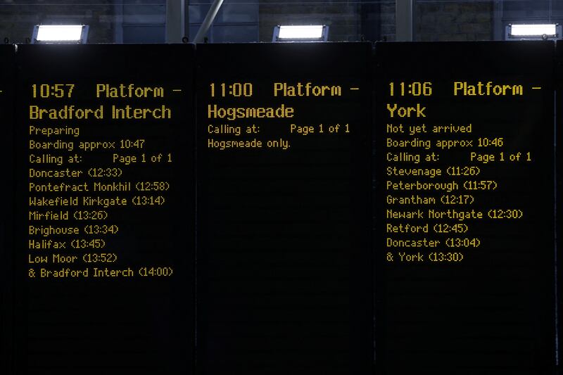 A departure time for the Hogwarts Express is displayed on the departures board at King’s Cross Station in London on September 1, 2023.