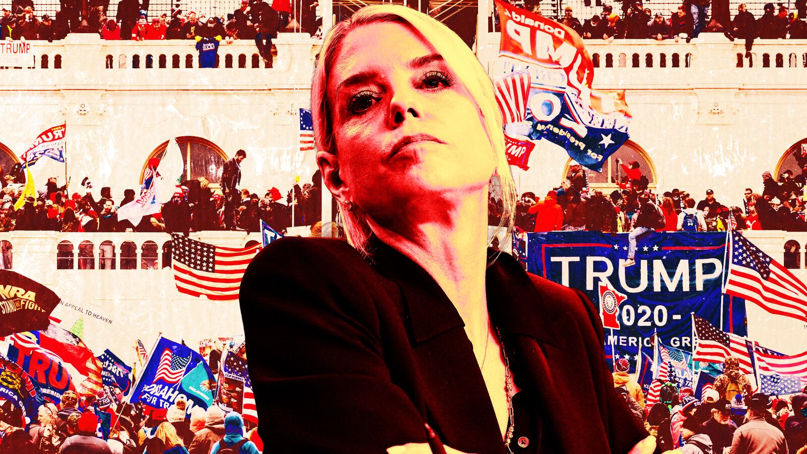 A photo illustration of Pam Bondi in front of the Jan. 6 Capitol riot.