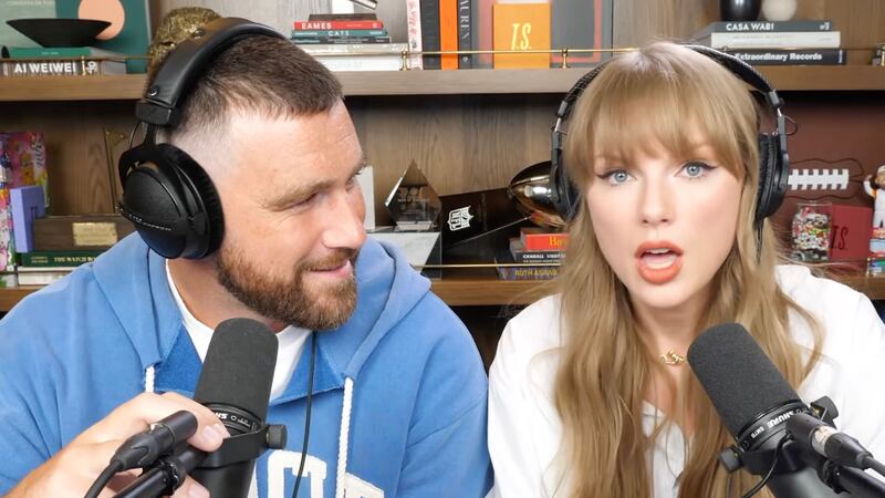 Taylor Swift with Travis Kelce on New Heights podcast.