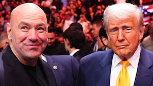 Donald Trump attends the UFC 314 event alongside UFC President and CEO Dana White at Kaseya Center on April 12, 2025 in Miami, Florida.