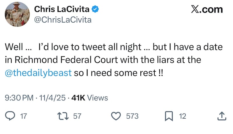 Well …   I’d love to tweet all night … but I have a date in Richmond Federal Court with the liars at the 
@thedailybeast
 so I need some rest !!