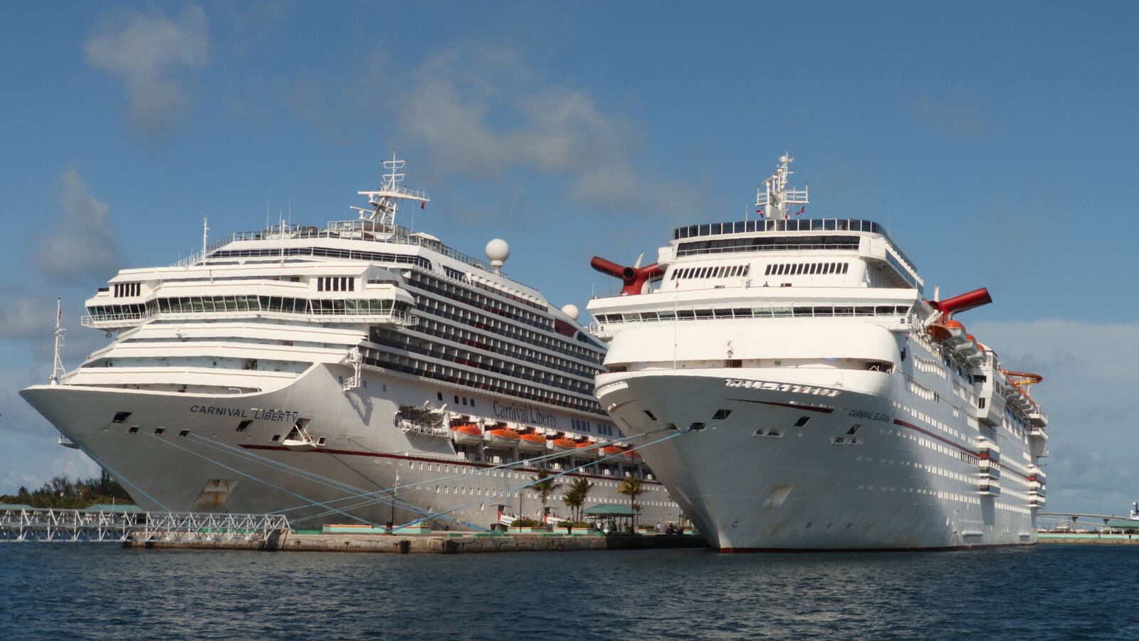 Carnival Cruise ships Liberty and Elation are seen in Nassau, Bahamas on April 29, 2019.