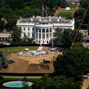 Construction continues on a new helipad on the South Lawn of the White House and the East Wing ballroom on August 24, 2026, in Washington, DC.