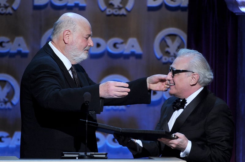 CENTURY CITY, CA - JANUARY 25:  Director Martin Scorsese accepts the Feature Film Nomination Plaque for The Wolf of Wall Street from director Rob Reiner (L) onstage at the 66th Annual Directors Guild Of America Awards held at the Hyatt Regency Century Plaza on January 25, 2014 in Century City, California.  (Photo by Alberto E. Rodriguez/Getty Images for DGA)