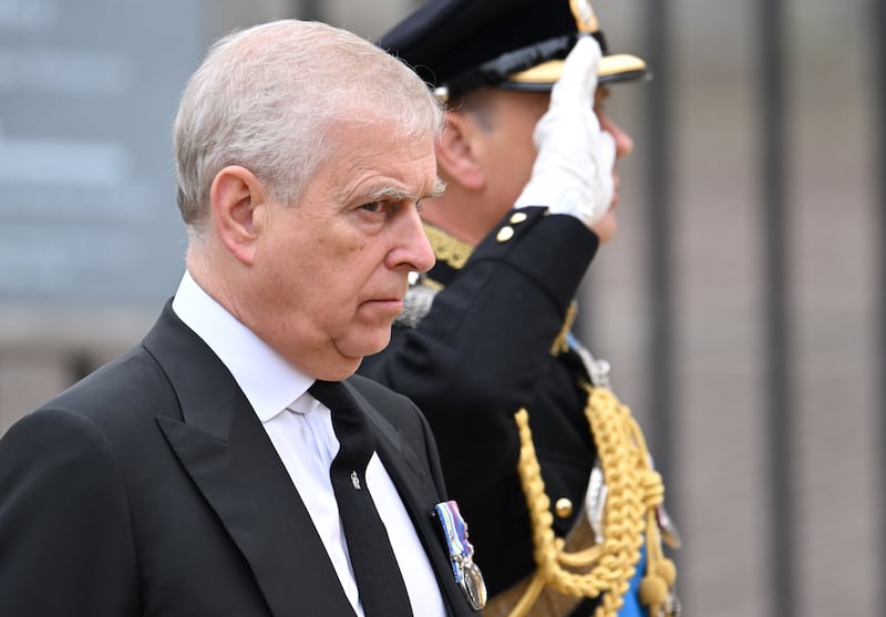 Then-Prince Andrew, Duke of York, is pictured during the State Funeral of Queen Elizabeth II at Westminster Abbey on September 19, 2022 in London, England.