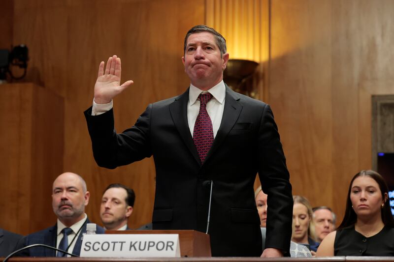 Scott Kupor, U.S. President Donald Trump's nominee to be Director of the Office of Personnel Management is sworn in at a hearing with the Senate Committee on Homeland Security and Governmental Affairs on Capitol Hill on April 03, 2025 in Washington, DC. The committee held the hearing to speak with the witnesses about their history in government, goals for their roles and actions U.S. President Donald Trump has taken in his first few months of office.