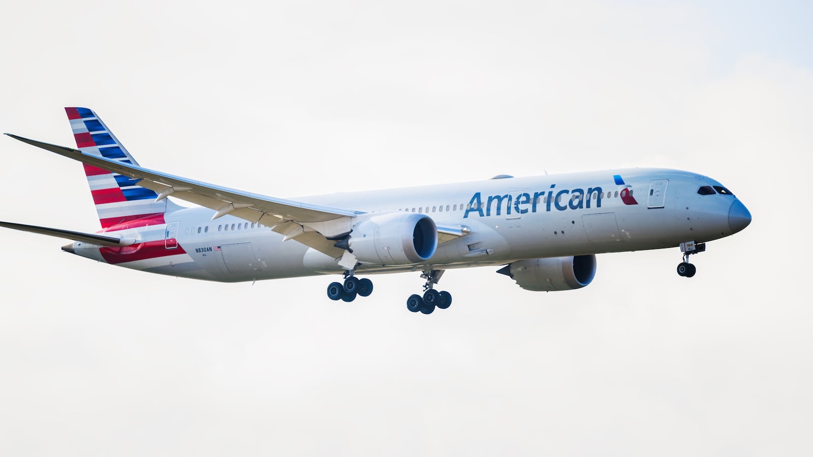 Auckland, New Zealand March 01 2025: American Airlines N830AN Boeing 787-9 Dreamliner flying towards Auckland International Airport.