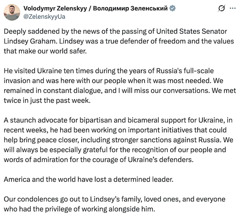 Ukraine President Volodymyr Zelenskyy posts his condolences for Senator Lindsey Graham.