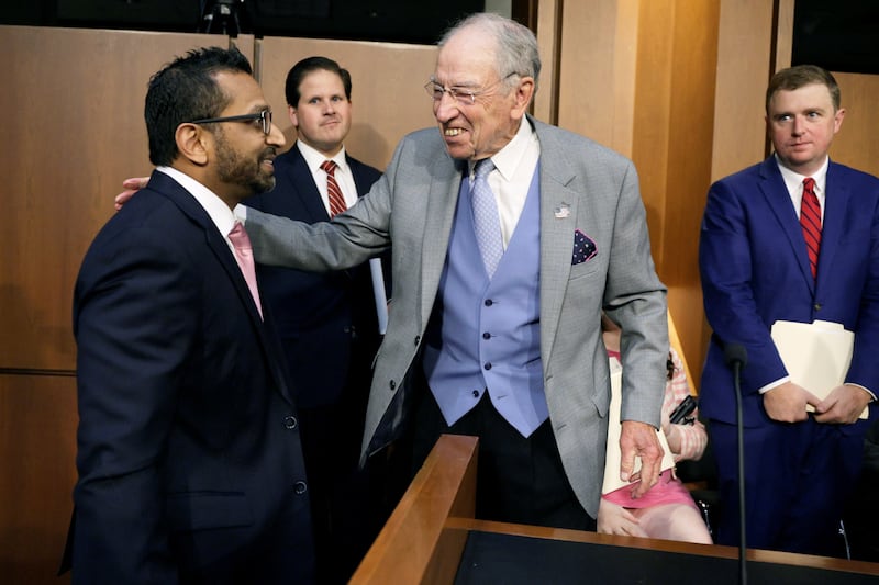 Chair of the committee Senator Chuck Grassley greets FBI Director Kash Patel before testifying before a Senate Judiciary Committee hearing on oversight of the Federal Bureau of Investigation, on Capitol Hill in Washington, D.C., U.S., September 15, 2026. REUTERS/Evan Vucci