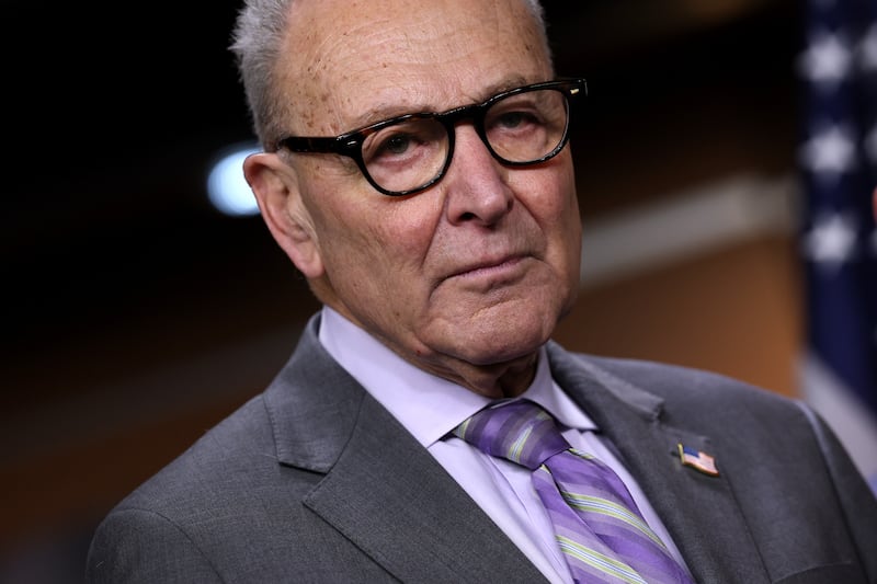 Senate Minority Leader Chuck Schumer (D-NY) attends a press conference on Department of Homeland Security (DHS) funding at the U.S. Capitol on February 04, 2026 in Washington, DC.