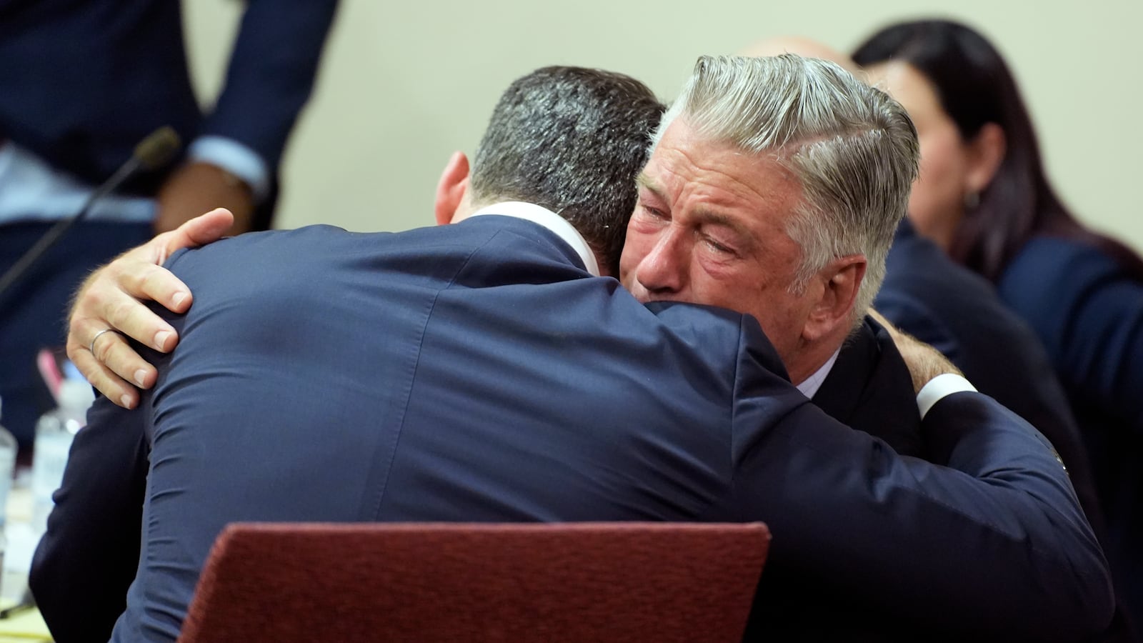 Alec Baldwin hugs his attorney Alex Spiro at the conclusion of his trial for involuntary manslaughter in First Judicial District Court on July 12, 2024 in Santa Fe, New Mexico.