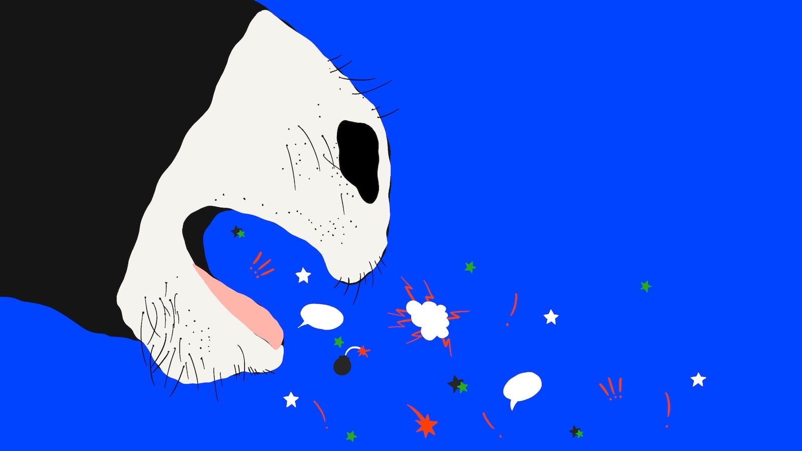 Illustration of a donkey braying with cartoon exclamations coming out of his mouth on a blue background