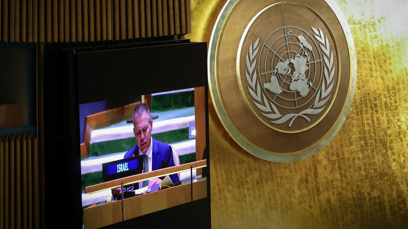 Israel's Ambassador to the UN Gilad Erdan is seen during an emergency special session of the U.N. General Assembly.