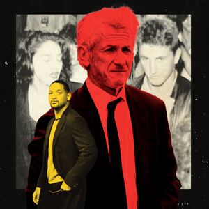 A photo illustration of Sean Penn and Will Smith over a vintage picture of Sean Penn with Madonna