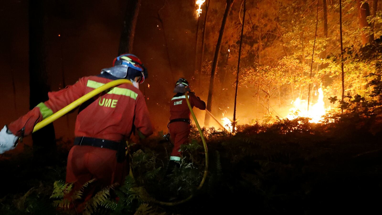 Firefighters from the Military Emergency Unit (UME) work to put out a forest fire near As Nieves, northern Spain, October 15, 2017.