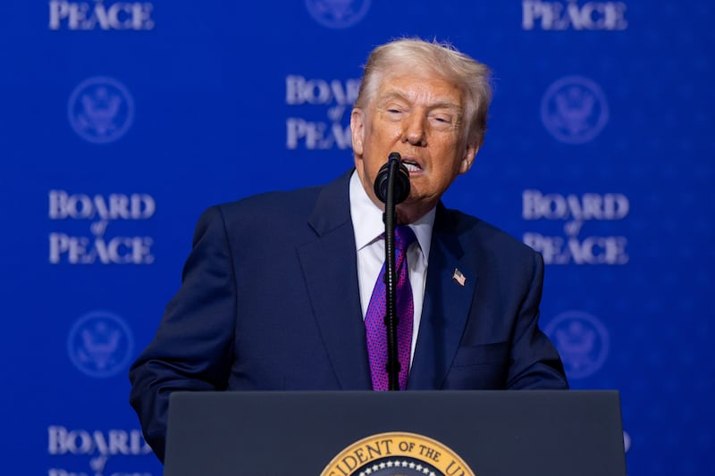 President Donald Trump makes a speech during the inaugural meeting of the 'Board of Peace', his new institution focused on progress on Gaza, at the US Institute of Peace in Washington, DC, United States, on February 19, 2026.