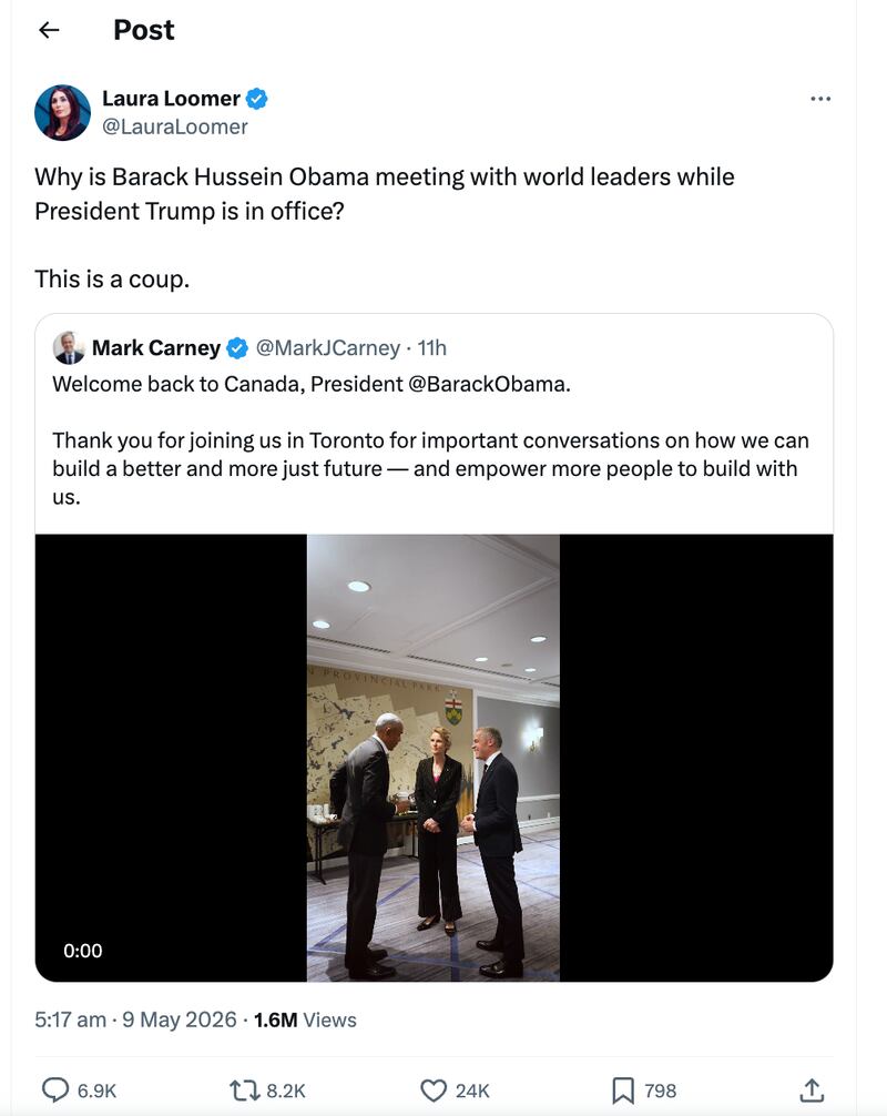 The conservative influencer was unhappy with the meeting between the former president and Canadian prime minister.