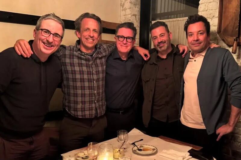 The members of Strike Force Five: John Oliver, Seth Meyers, Stephen Colbert, Jimmy Kimmel, and Jimmy Fallon