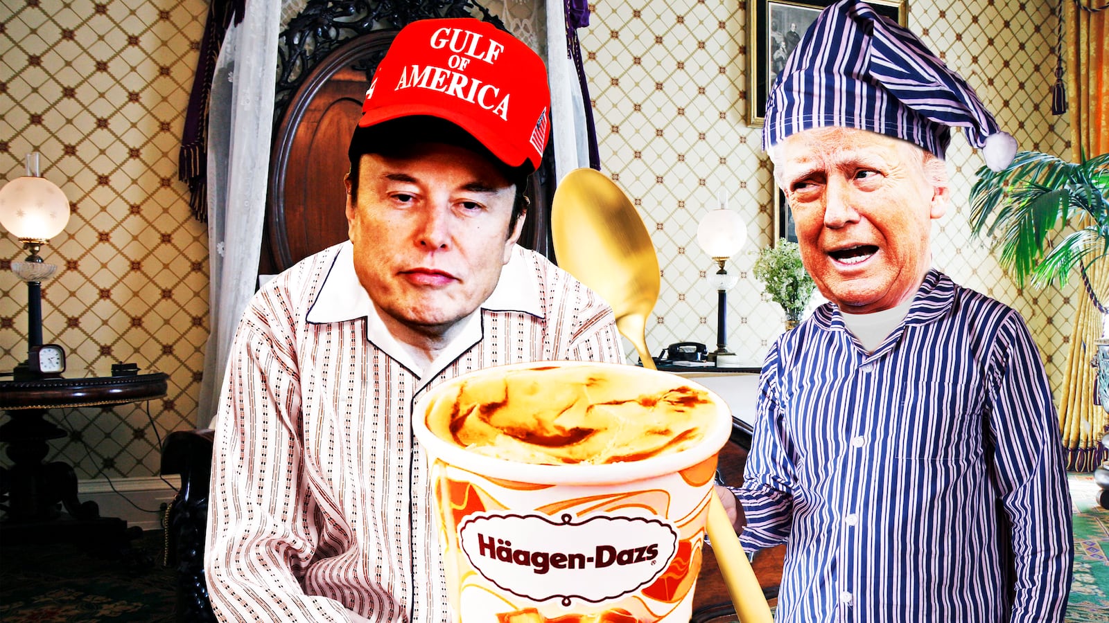 Donald Trump, Elon Musk, Lincoln bedroom photo illustration