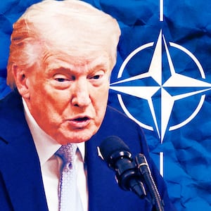 A photo illustration of Trump and a crumpled NATO flag.