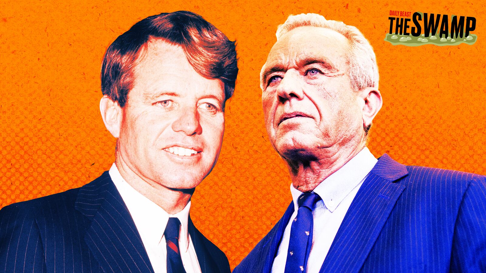 A photo illustration of Robert Kennedy and RFK Jr. on a textured orange background.