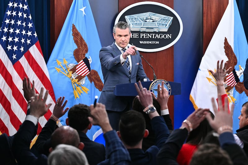 Secretary of Defense Pete Hegseth speaks during a news conference at the Pentagon in Washington, DC, on March 19, 2026.