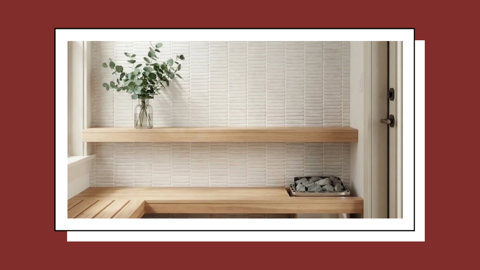 A serene bathroom with a freestanding white soaking tub set against a light travertine-look tile wall with subtle linear texture, styled with botanicals and natural wood accents.
