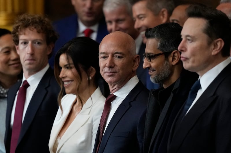 WASHINGTON, DC - JANUARY 20: Guests including Mark Zuckerberg, Lauren Sanchez, Jeff Bezos, Sundar Pichai and Elon Musk attend the Inauguration of Donald J. Trump in the U.S. Capitol Rotunda on January 20, 2025 in Washington, DC. Donald Trump takes office for his second term as the 47th president of the United States. (Photo by Julia Demaree Nikhinson - Pool/Getty Images)