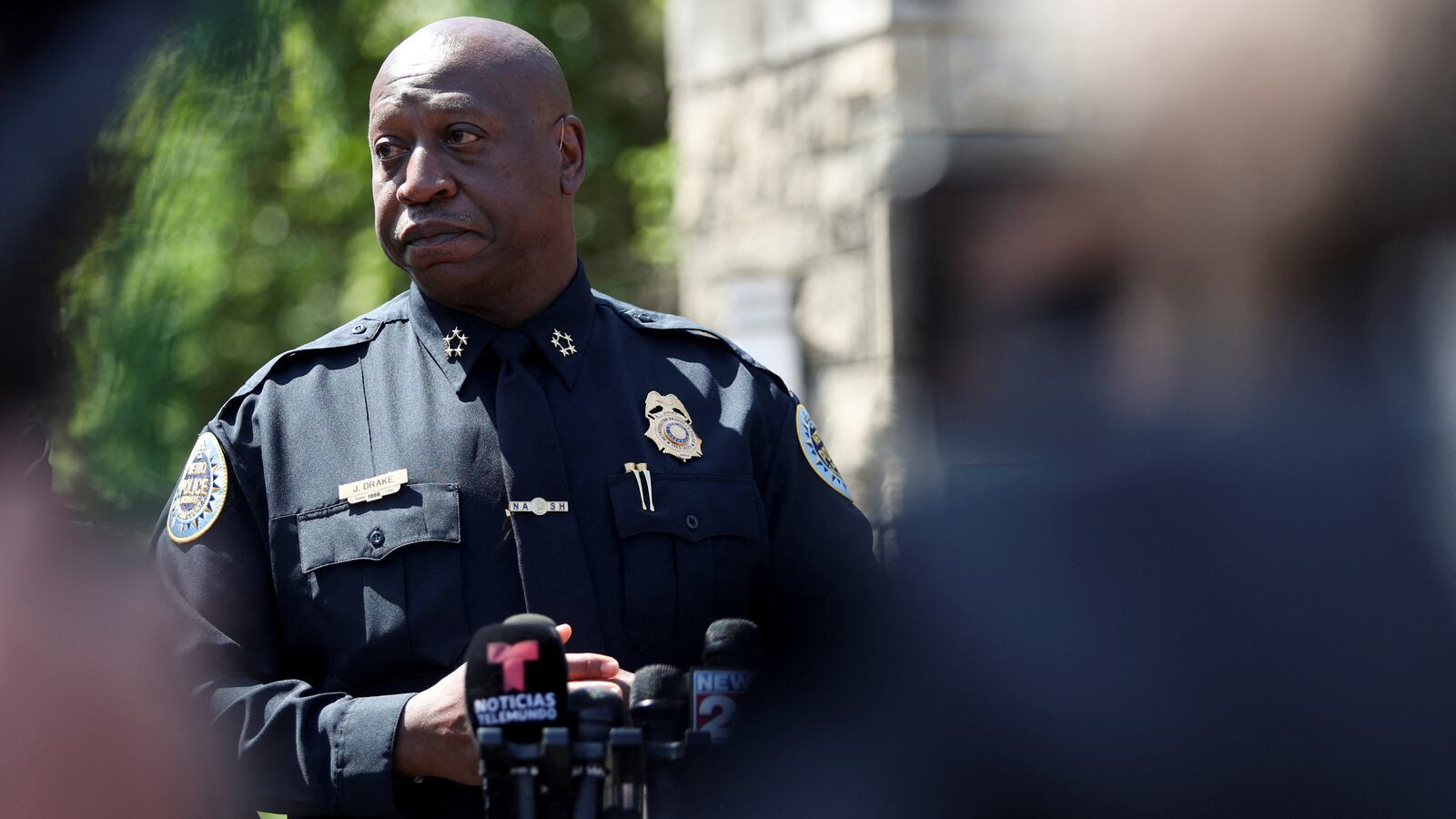 Nashville Chief of Police John Drake speaks at a news conference at the school entrance after a deadly shooting at the Covenant School in Nashville.