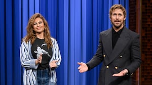 Actress Eva Mendes and actor Ryan Gosling during a surprise appearance on "The Tonight Show" 2026