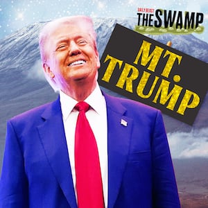 A photo illustration of Donald Trump in front of Mount Kilimanjaro with a sign that reads Mt. Trump.
