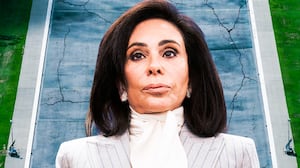 A photo illustration of Jeanine Pirro and the DC Reflecting Pool.