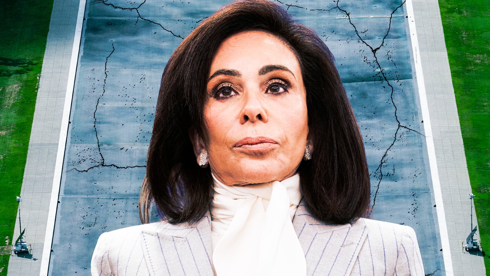 A photo illustration of Jeanine Pirro and the DC Reflecting Pool.