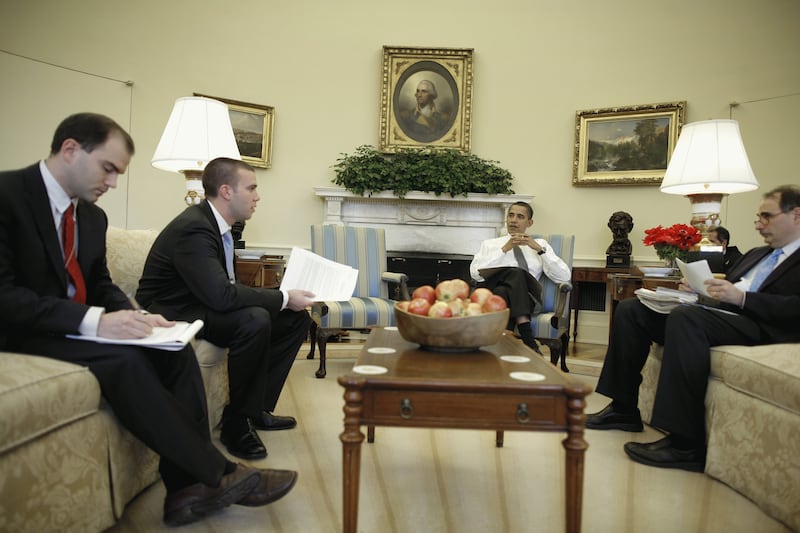 Obama works with Rhodes, Jon Favreau and David Axelrod on his address to the Joint Session of Congress in February 2009.