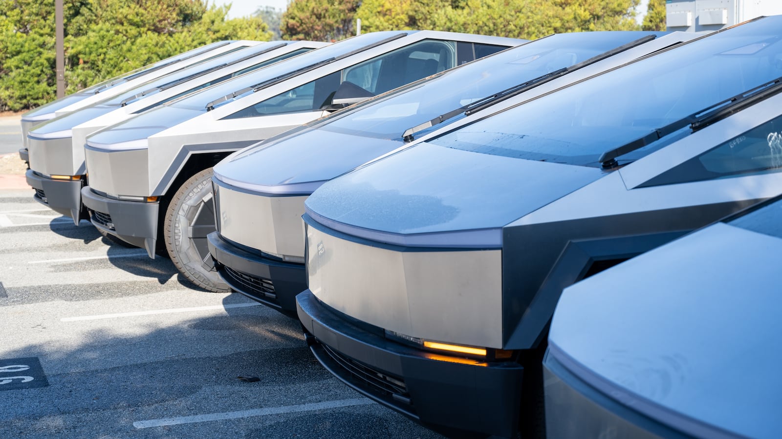 Line of multiple Tesla Cybertrucks at Tesla Motors dealership in Colma, California, December 6, 2024.