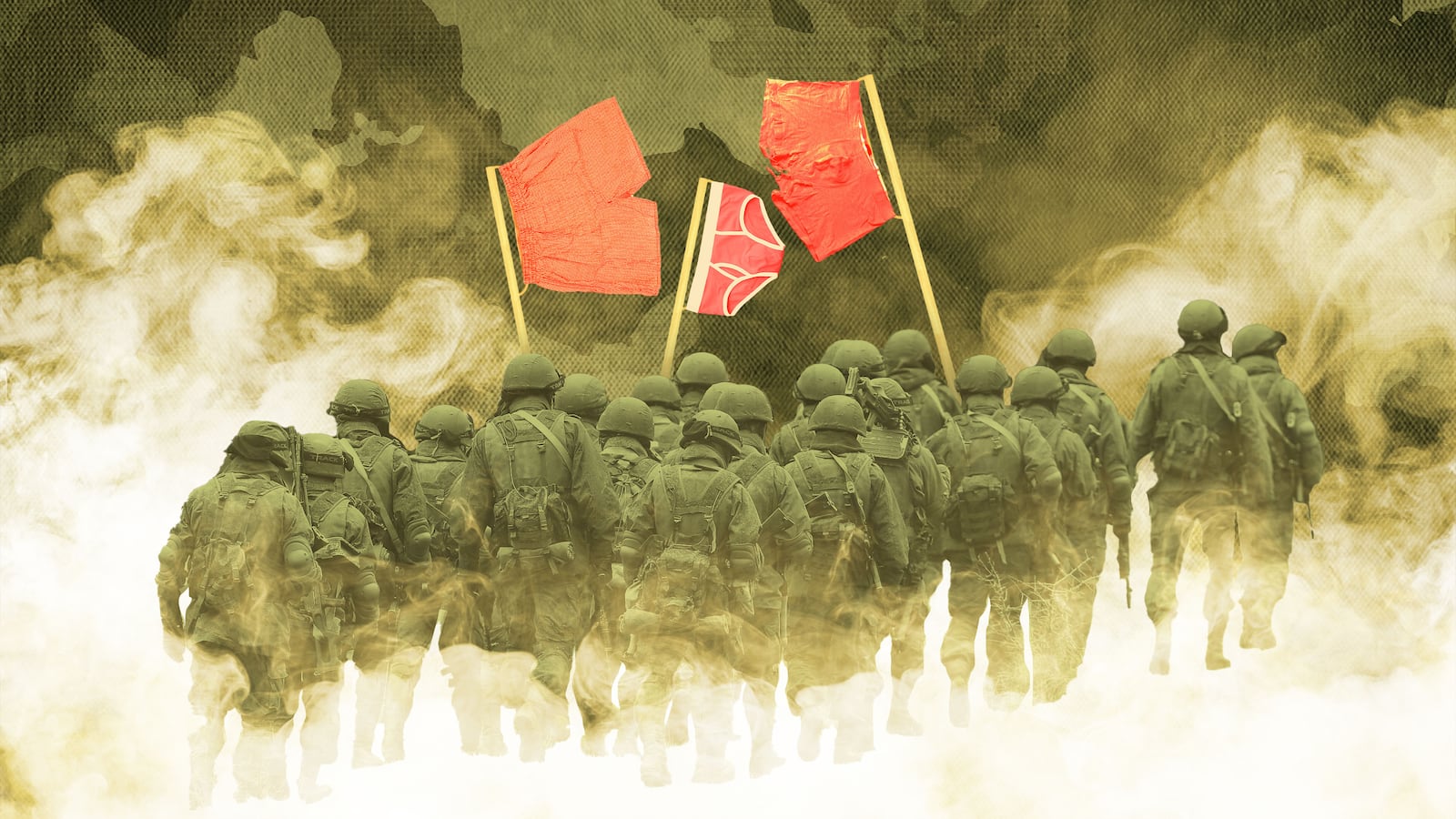 Illustration showing Russian soldiers waving red underpants.